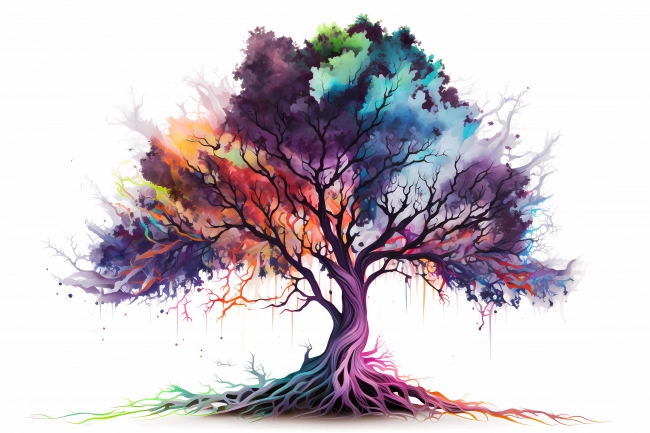 An abstract colorful tree painted with neon watercolors on white background