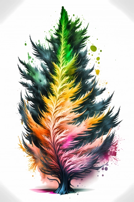 An abstract colorful spruce painted with neon watercolors on white background