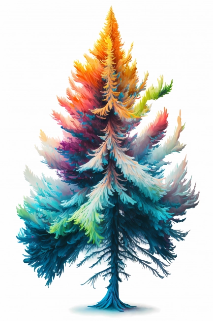 An abstract colorful spruce painted with neon watercolors on white background