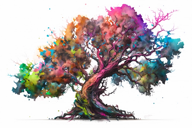 An abstract colorful tree painted with neon watercolors on white background