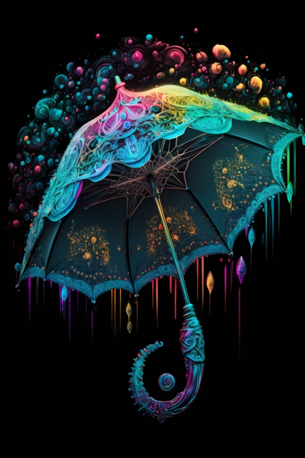 An abstract design of umbrella painted with colorful watercolors on black background