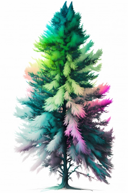 An abstract colorful spruce painted with neon watercolors on white background