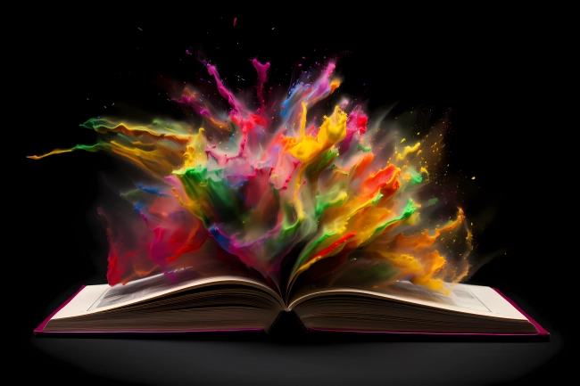 Opened book exploding with wisdom, colorful concept