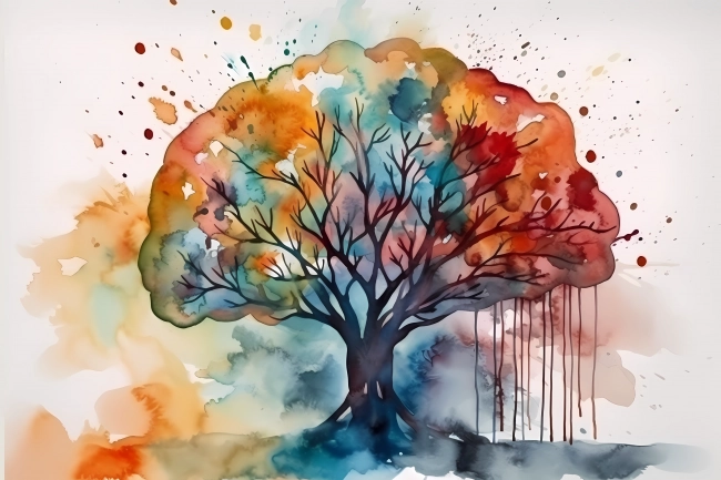 An abstract colorful tree painted with neon watercolors on white background