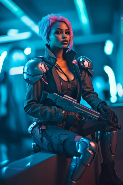 Badass futuristic woman marine with a big gun