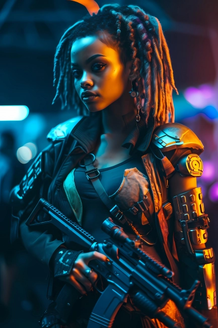 Badass futuristic woman marine with a big gun