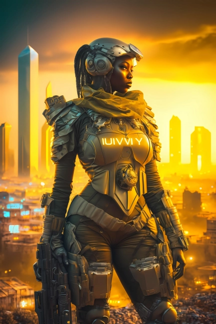 Future soldier with desert megacity in the background