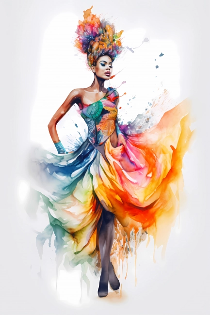 Gorgeous Latina dancer in colorful dress - watercolor art