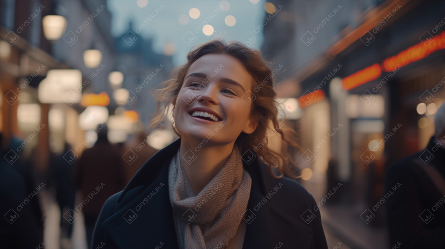 a young and charming lady wearing dark navy blue jacket and a scarf is smiling amidst a busy city street