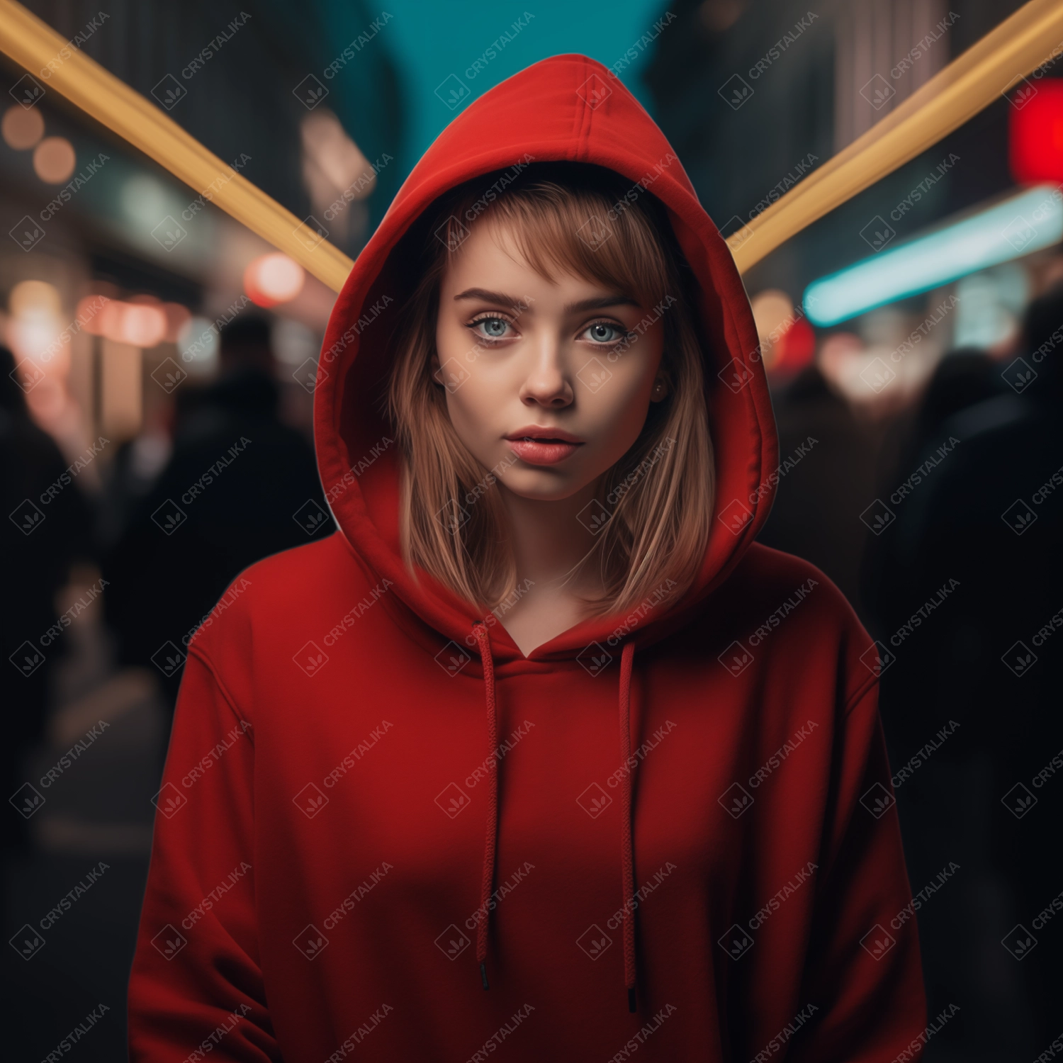 A young charming lady wearing red hoodie in a busy street.