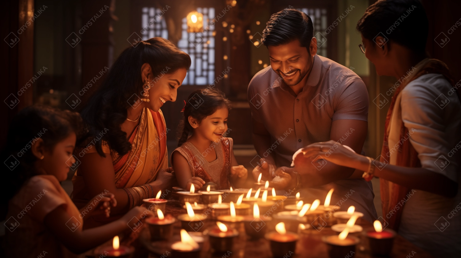 an indian family happily celebrating festival with diyas.