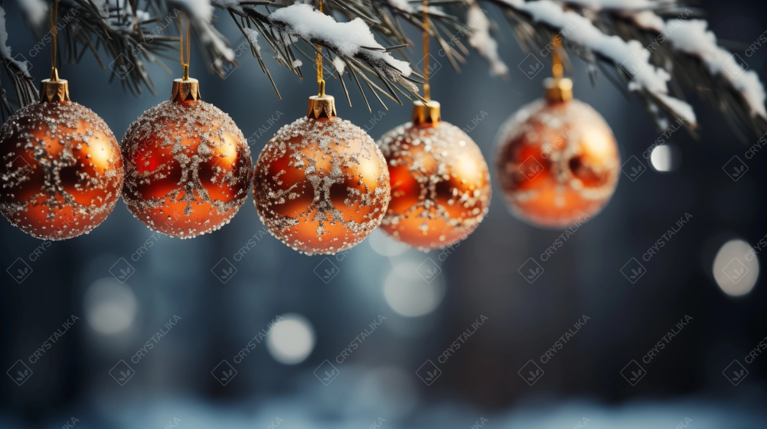 Christmas baubles hanging on the tree outside