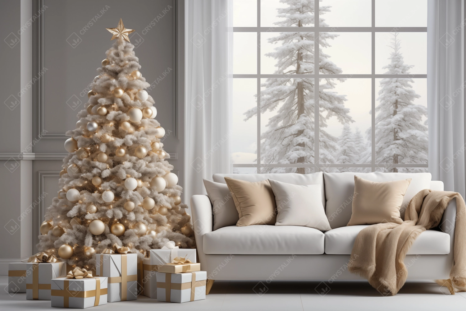 Toned living room with Christmas tree and presents