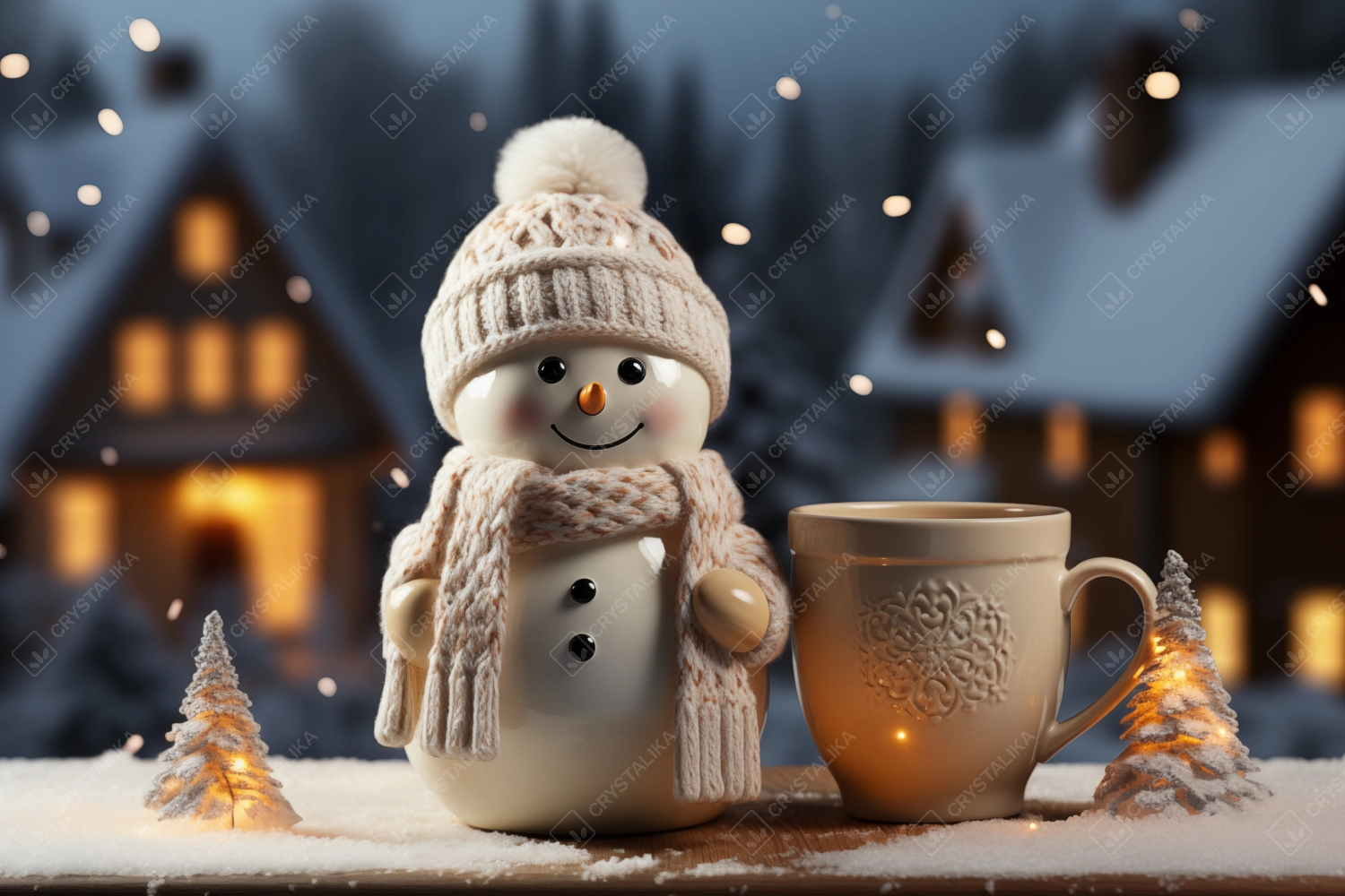 Warm and cozy Christmas winter decoration, candlelight, ceramic figurine, evening forest background