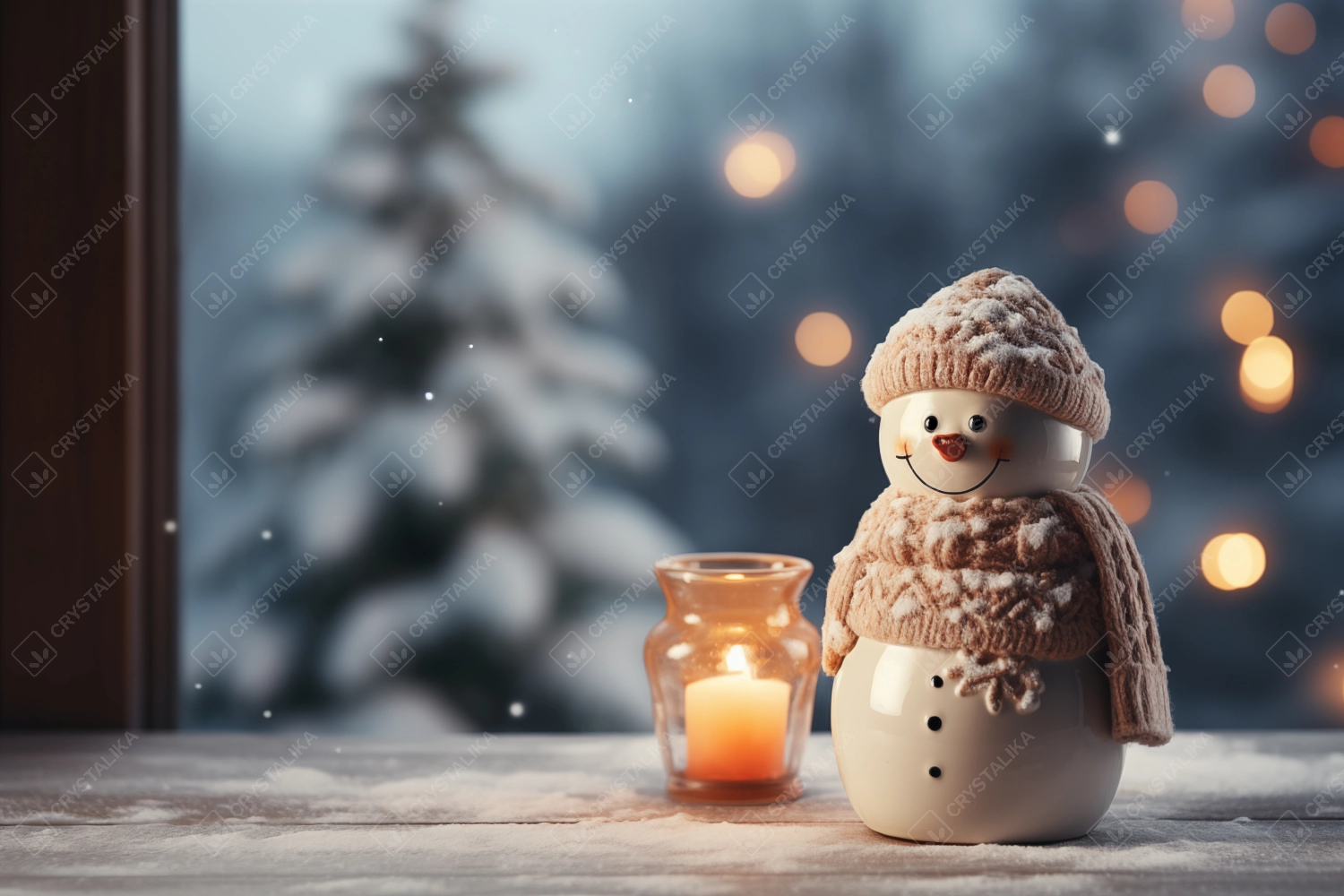 Warm and cozy Christmas winter decoration, candlelight, ceramic figurine, evening forest background