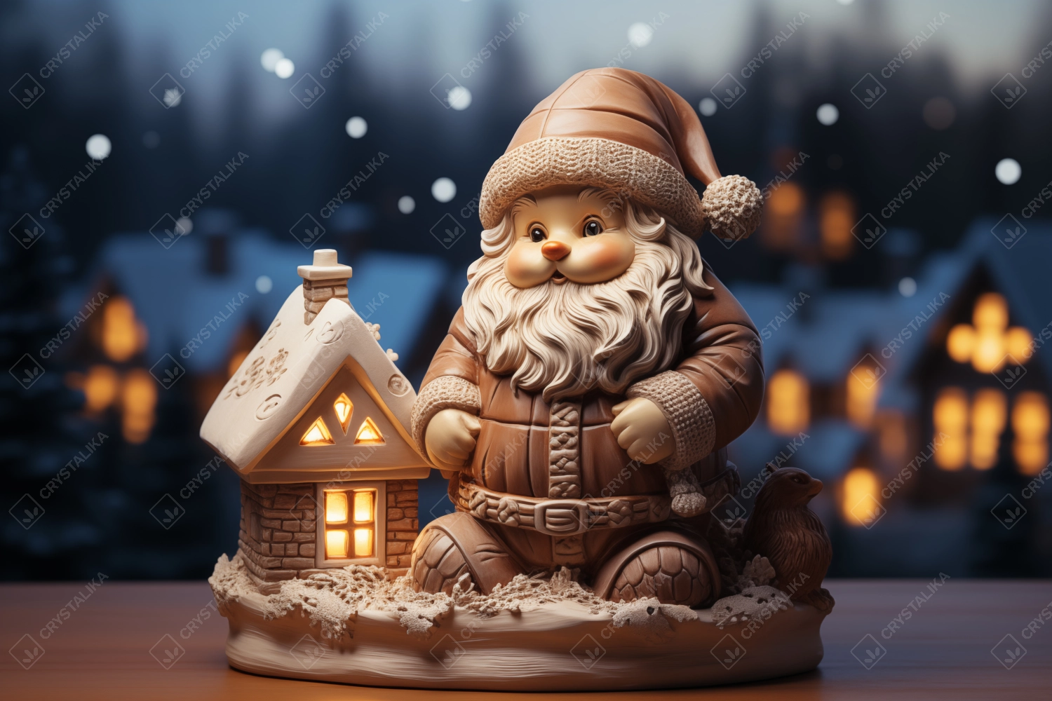 Warm and cozy Christmas winter decoration, candlelight, ceramic figurine, evening forest background