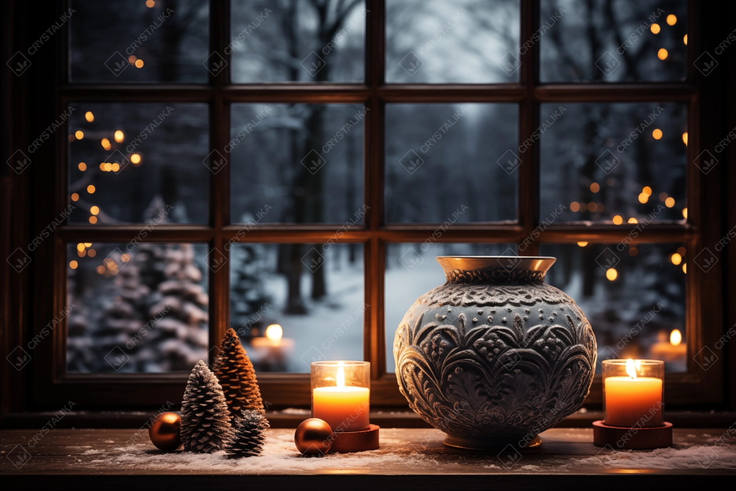 Warm and cozy Christmas winter decoration, candlelight, ceramic figurine, evening forest background