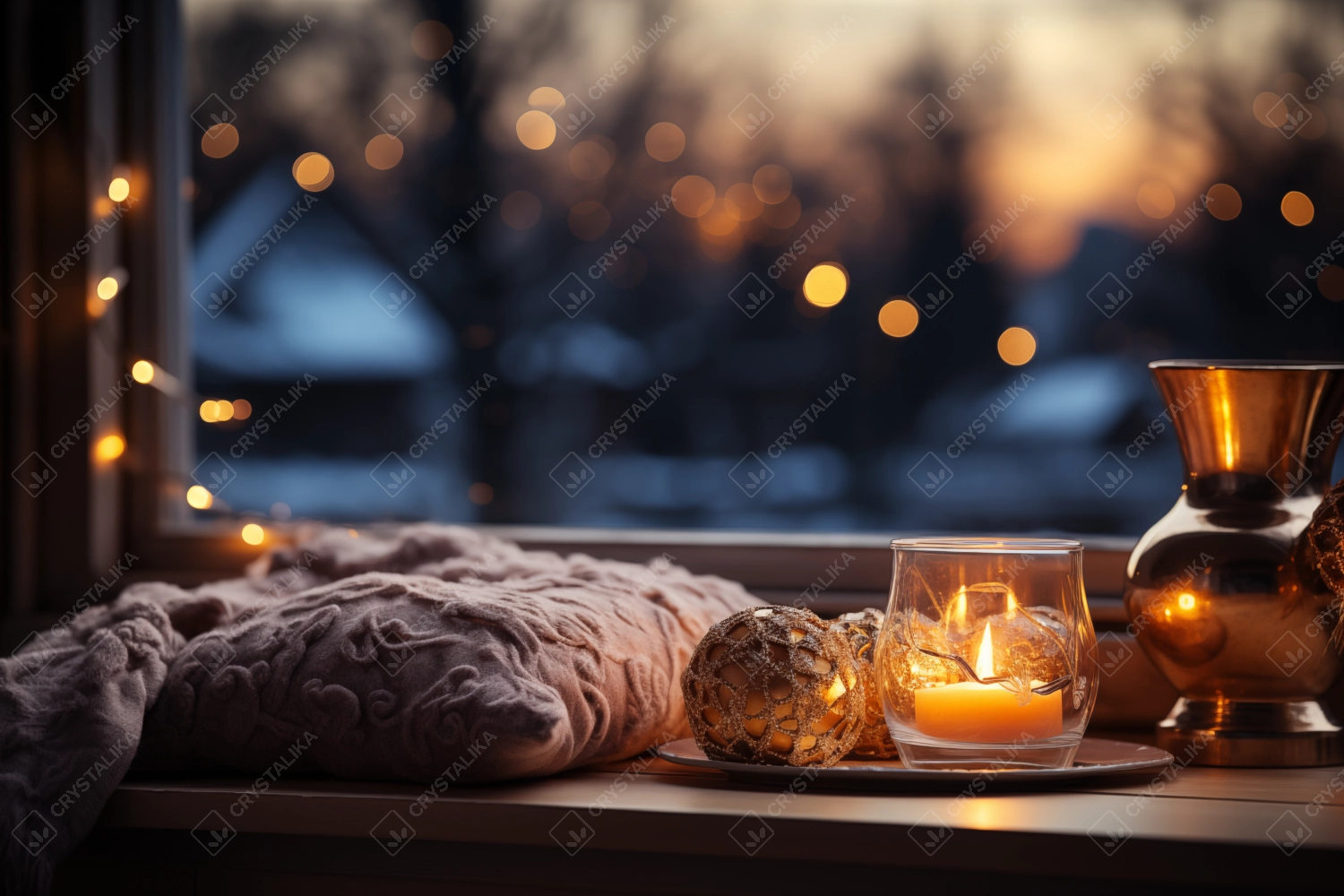 Christmas decorations on window sill, during winter evening with warm light and candles in glass holders