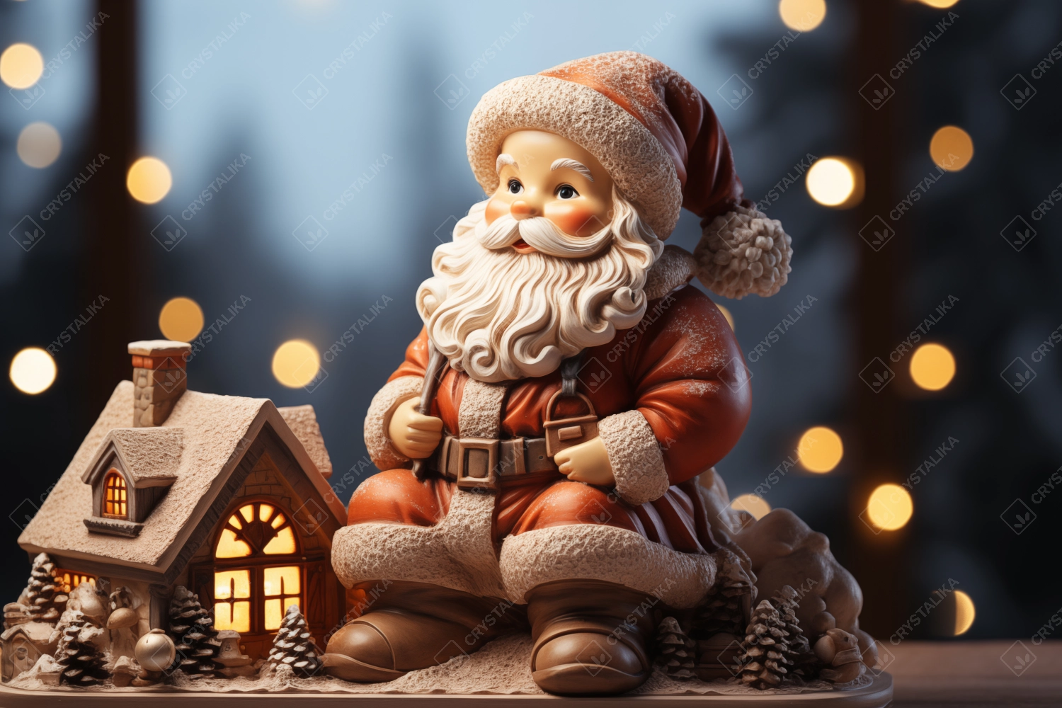 Ceramic Santa Claus in a winter scene, Christmas decoration with warm light