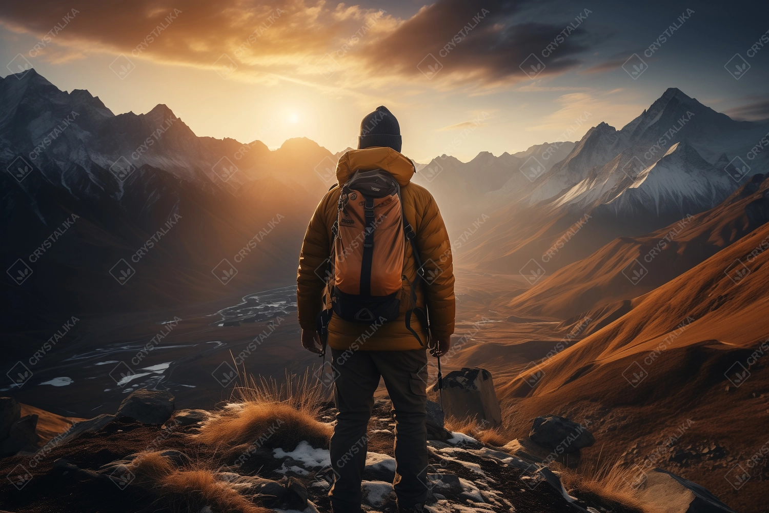 Back view of hikers with backpack in beautiful mountains