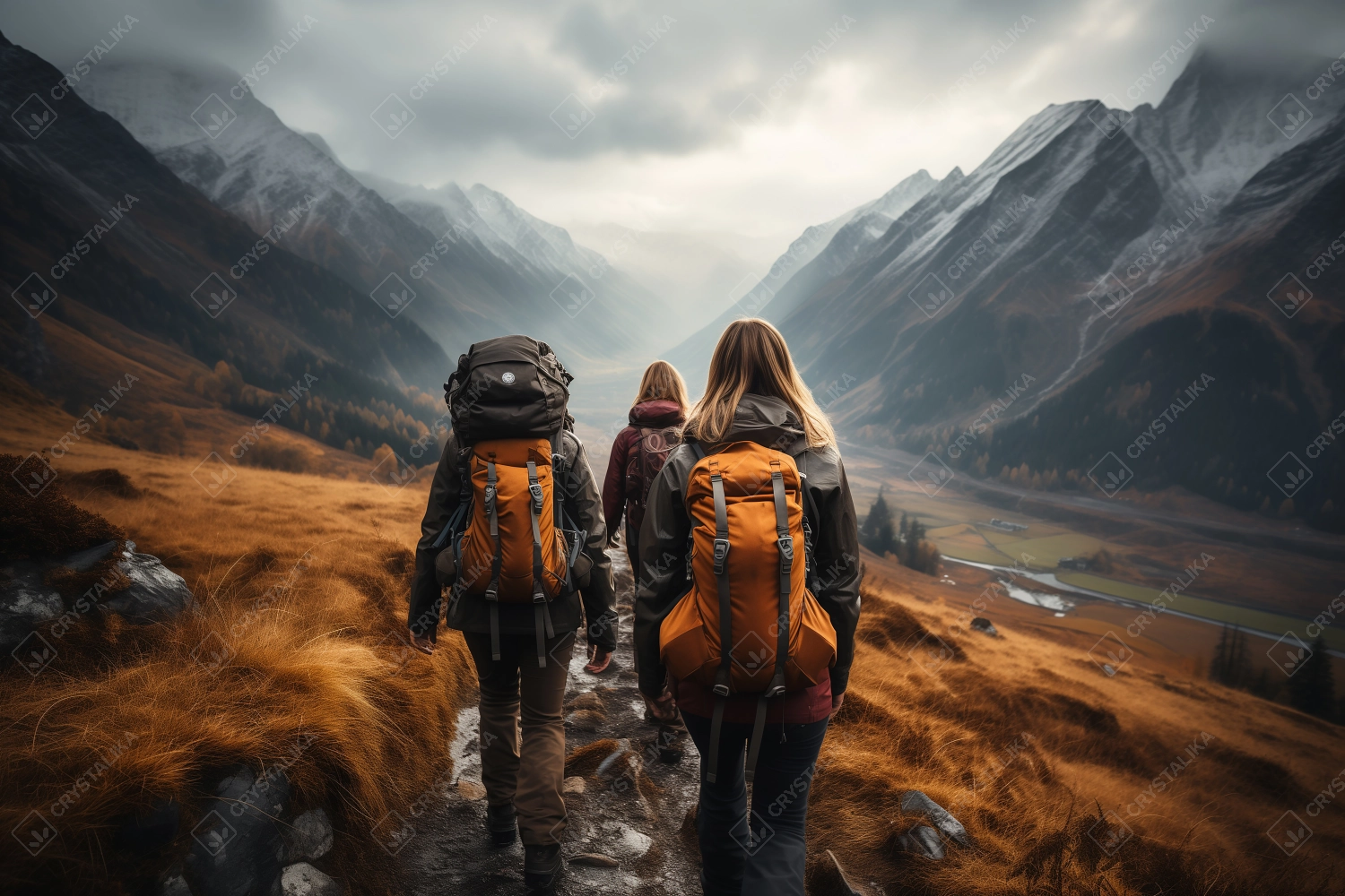 Back view of hikers with backpack in beautiful mountains