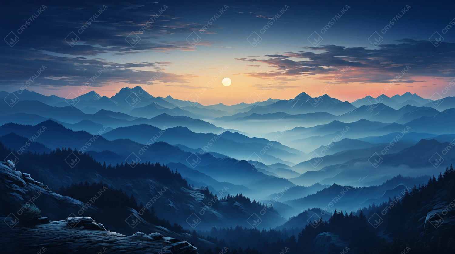 Mountain landscape at sunset. Panoramic view of the valley