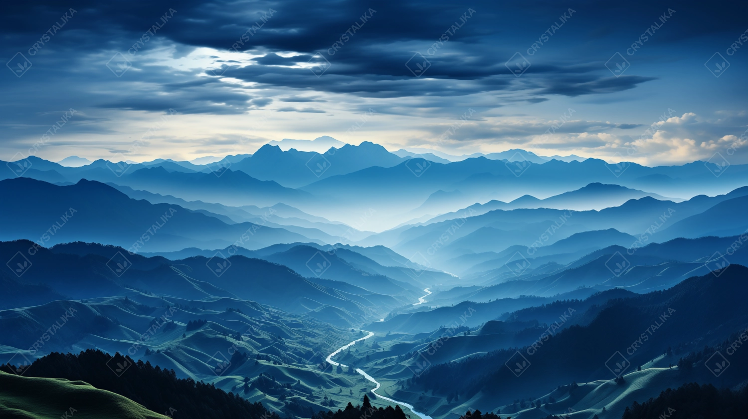 Mountain landscape at sunset. Panoramic view of the valley