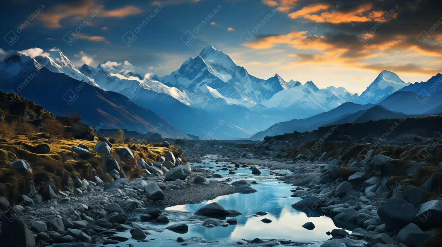 Mountain landscape at sunset. Panoramic view of the valley