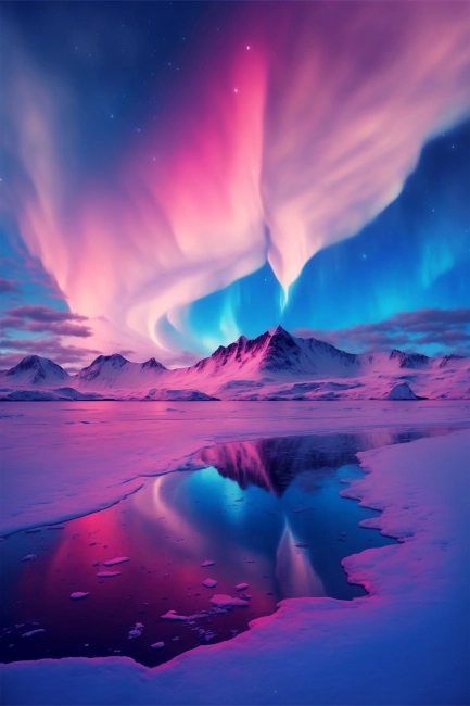 Pink and purple aurora borealis over glacier