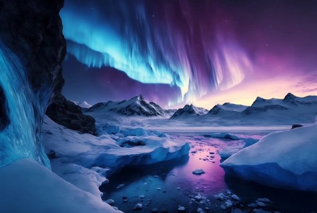 Pink and purple aurora borealis over glacier