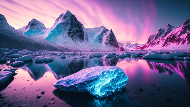 Pink and purple aurora borealis over glacier