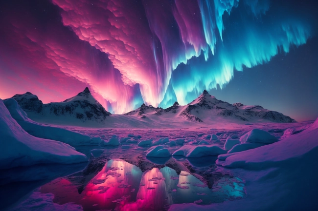 Pink and purple aurora borealis over glacier