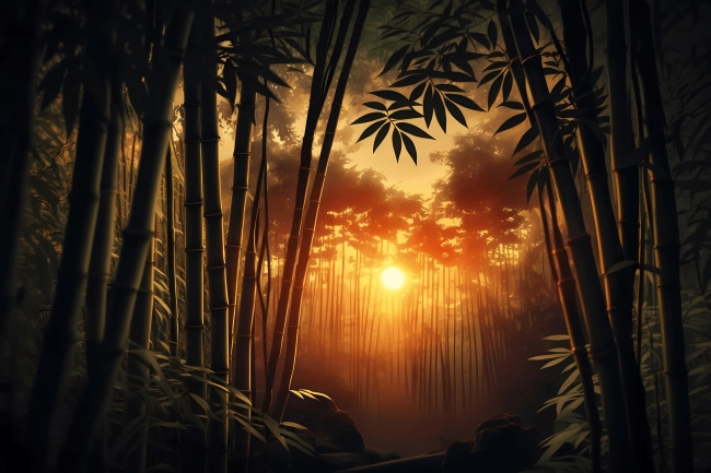 Asian bamboo forest during sunset