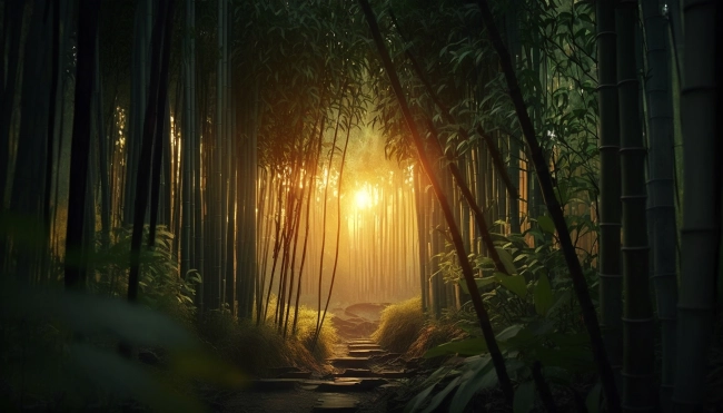 Asian bamboo forest during sunset