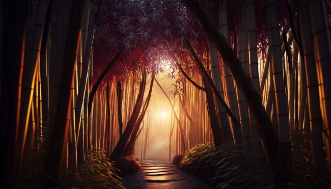 Asian bamboo forest during sunset