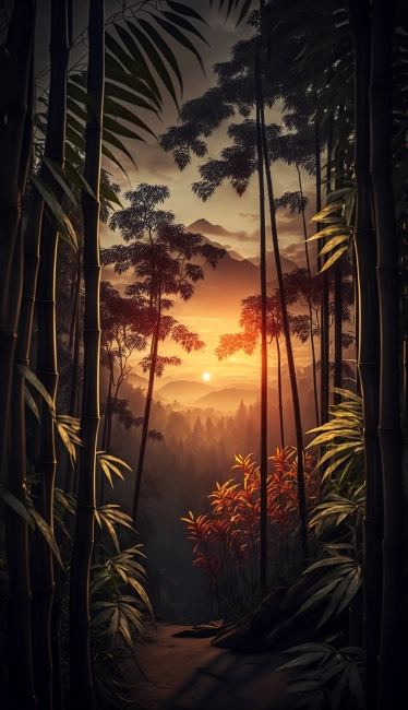 Asian bamboo forest during sunset