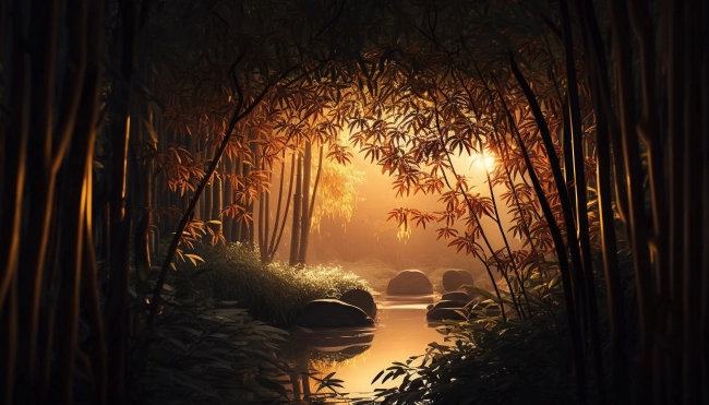 Asian bamboo forest during sunset