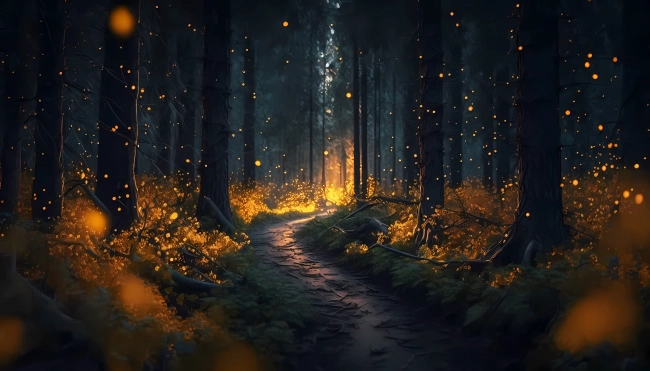 Fireflies flying in the forest at night