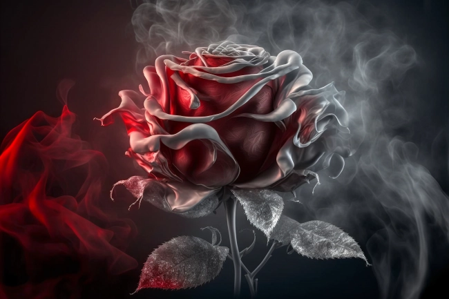 Beautiful red rose surrounded with silver dust