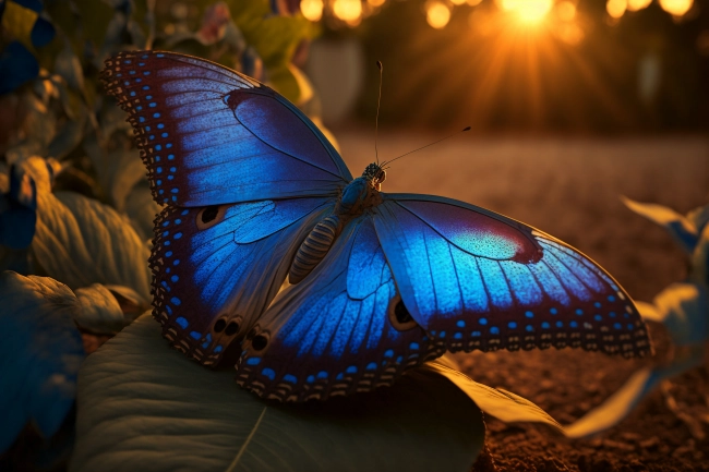 Beautiful blue butterfly in the sunset