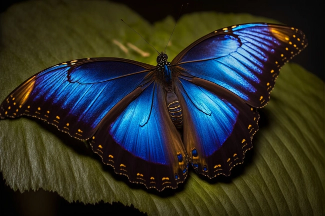 Beautiful blue butterfly in the sunset