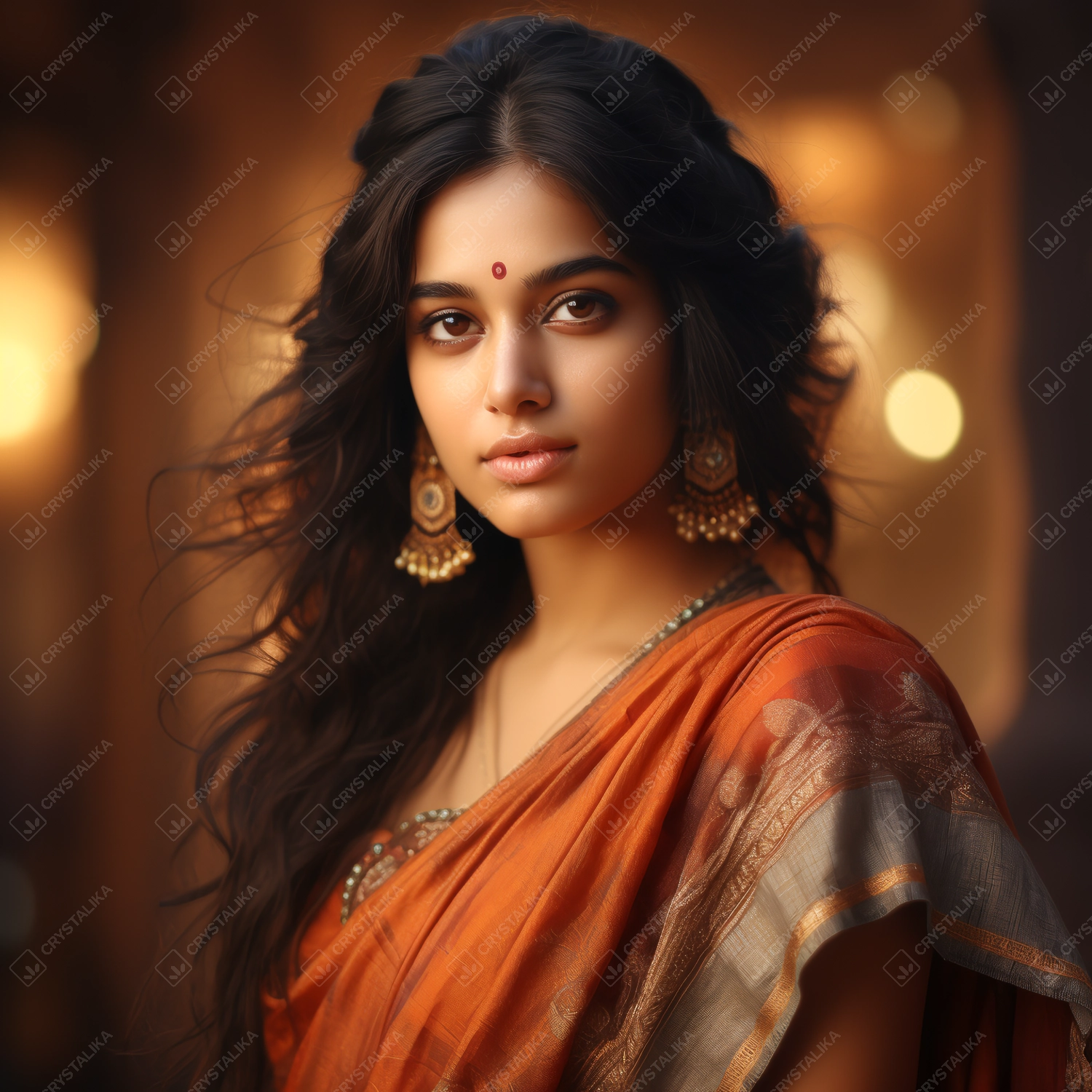 A beautiful indian girl in dark orange saree wearing long earrings.