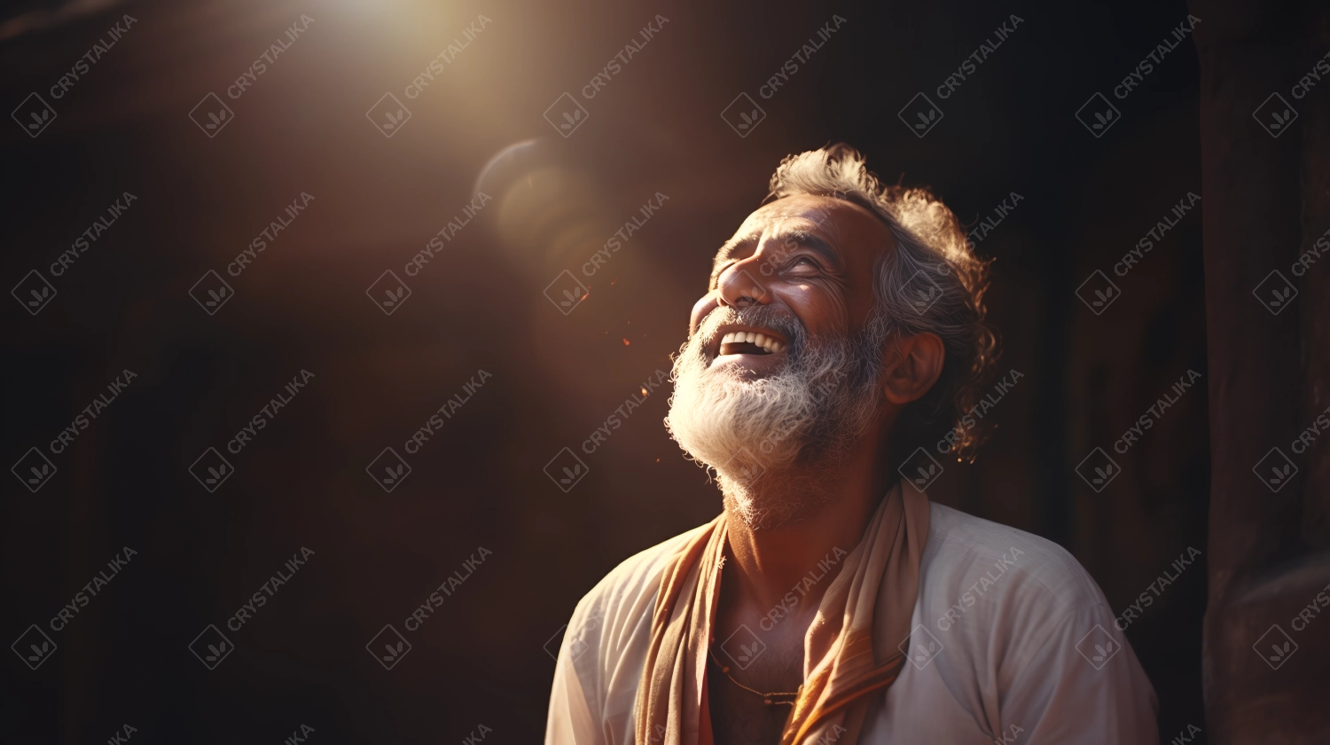 an indian village old man looking at the sky.