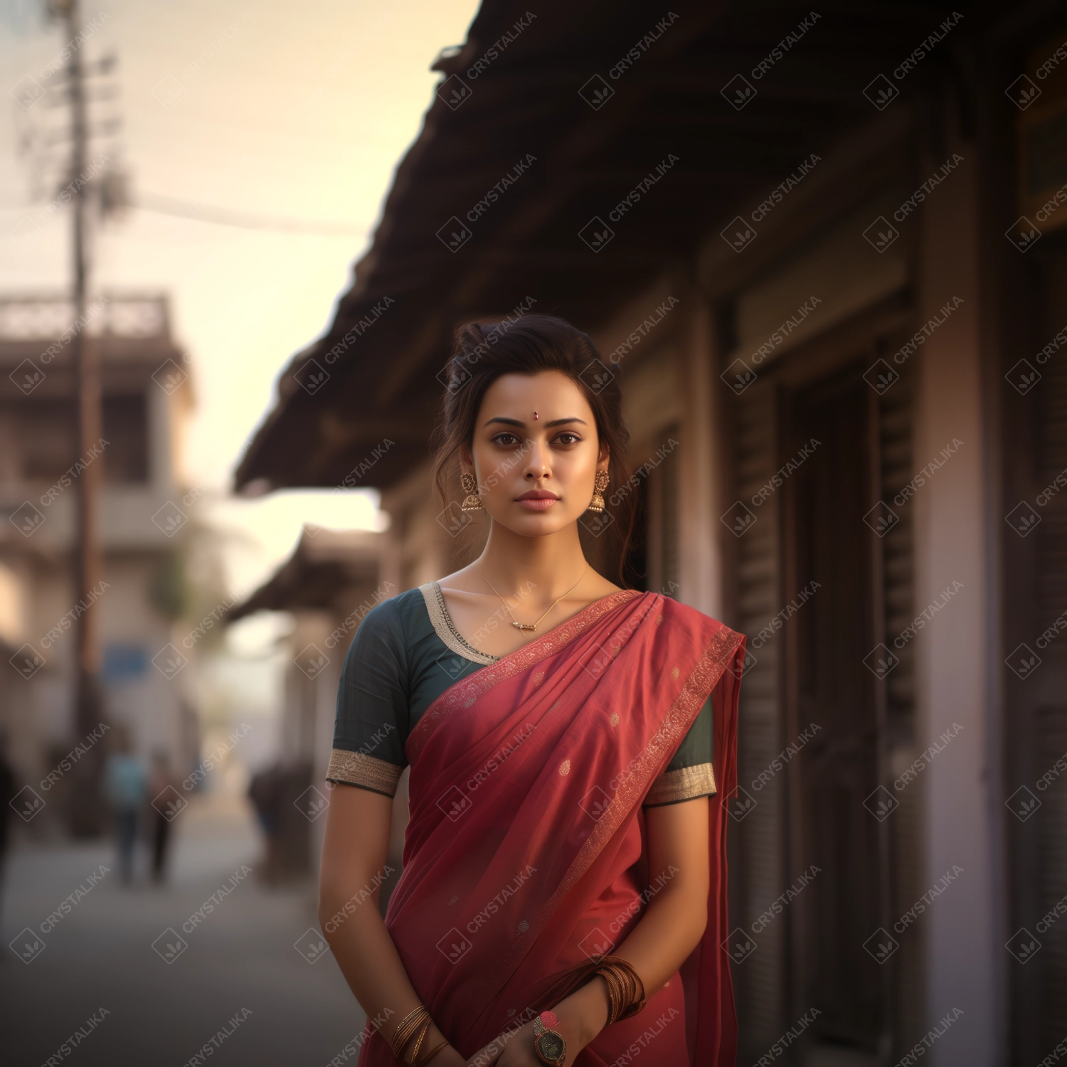 a beautiful indian woman in red saree wearing a decent golden chain, an elegant earrings and a forehead dot.