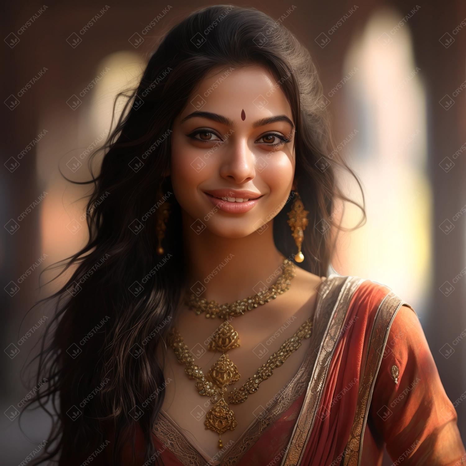 a beautiful indian girl in red dress wearing gold jwellery and a red forehead dot.