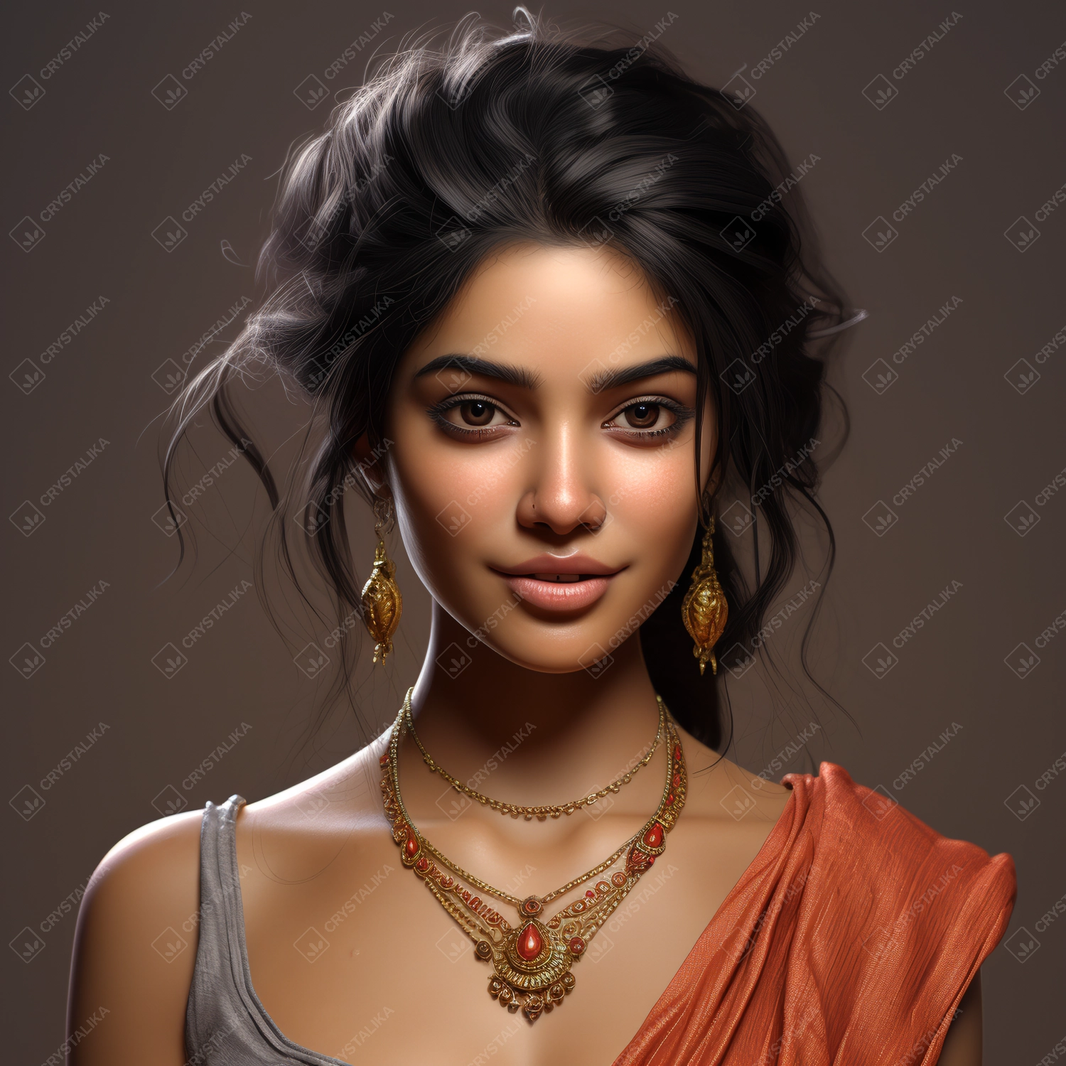 A beautiful indian girl with ethnic gold jwellery and long earrings.