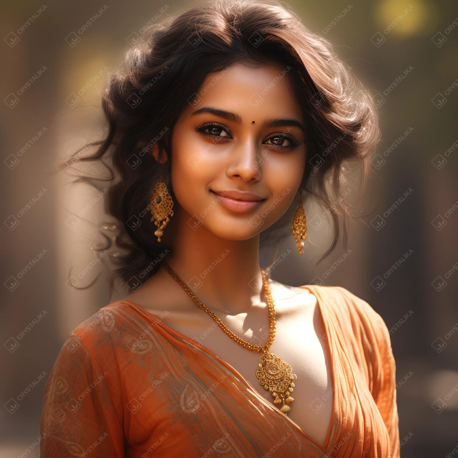 A beautiful Indian lady is wearing gold jwellery and long earrings on an orange dress.