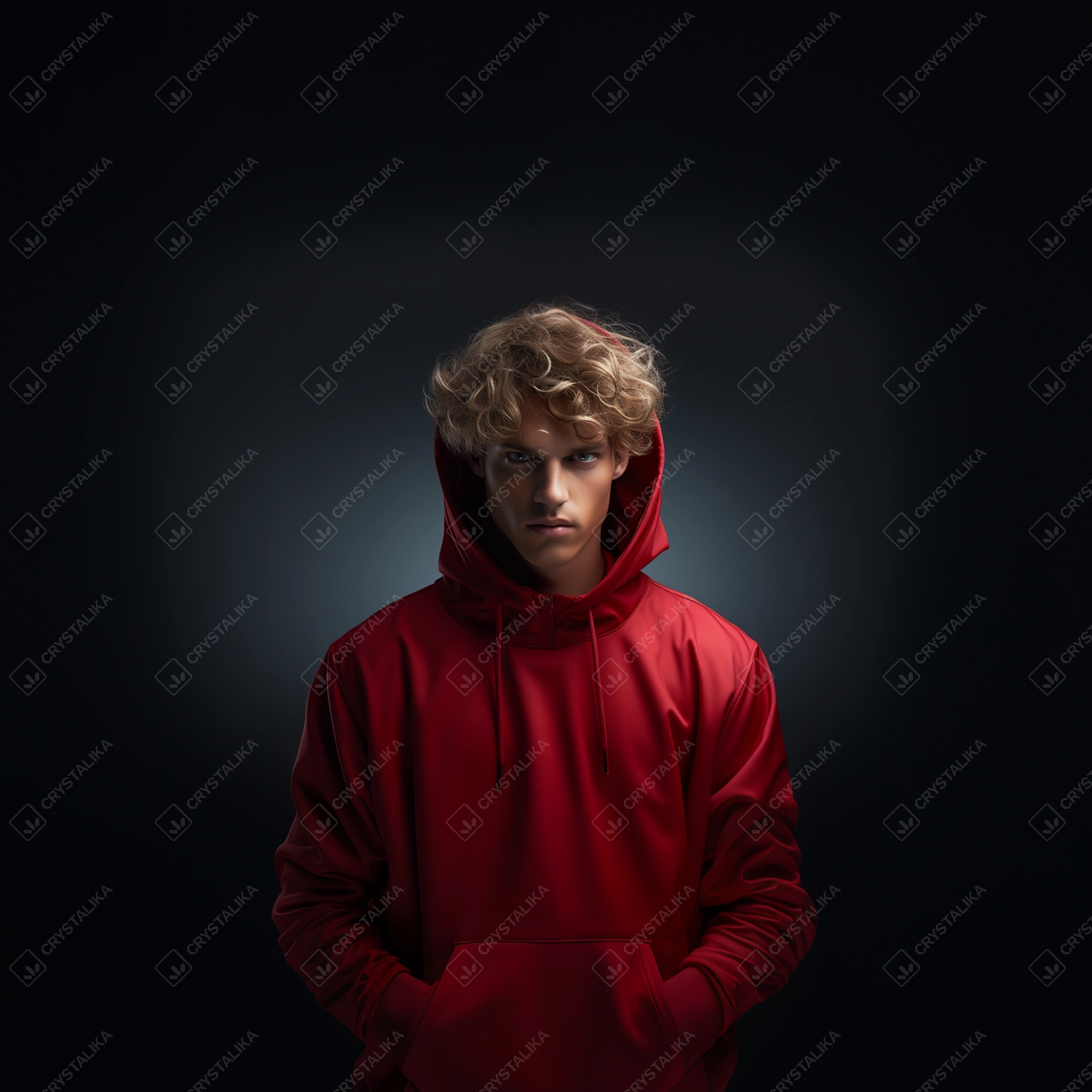 young handsome boy wearing red hoodie on a black and grey background.