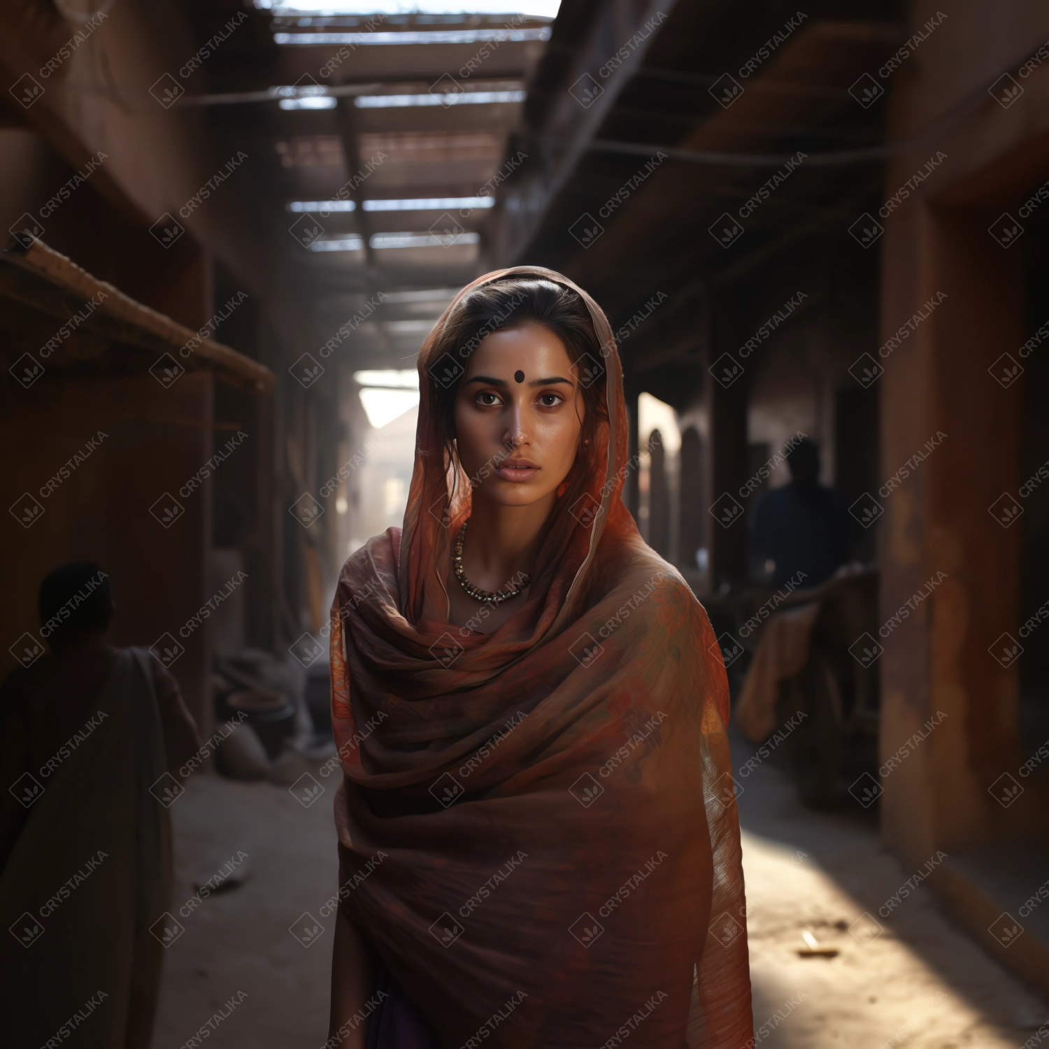 a beautiful indian woman wearing red and brown long scarf, a neck chain and black forehead dot.