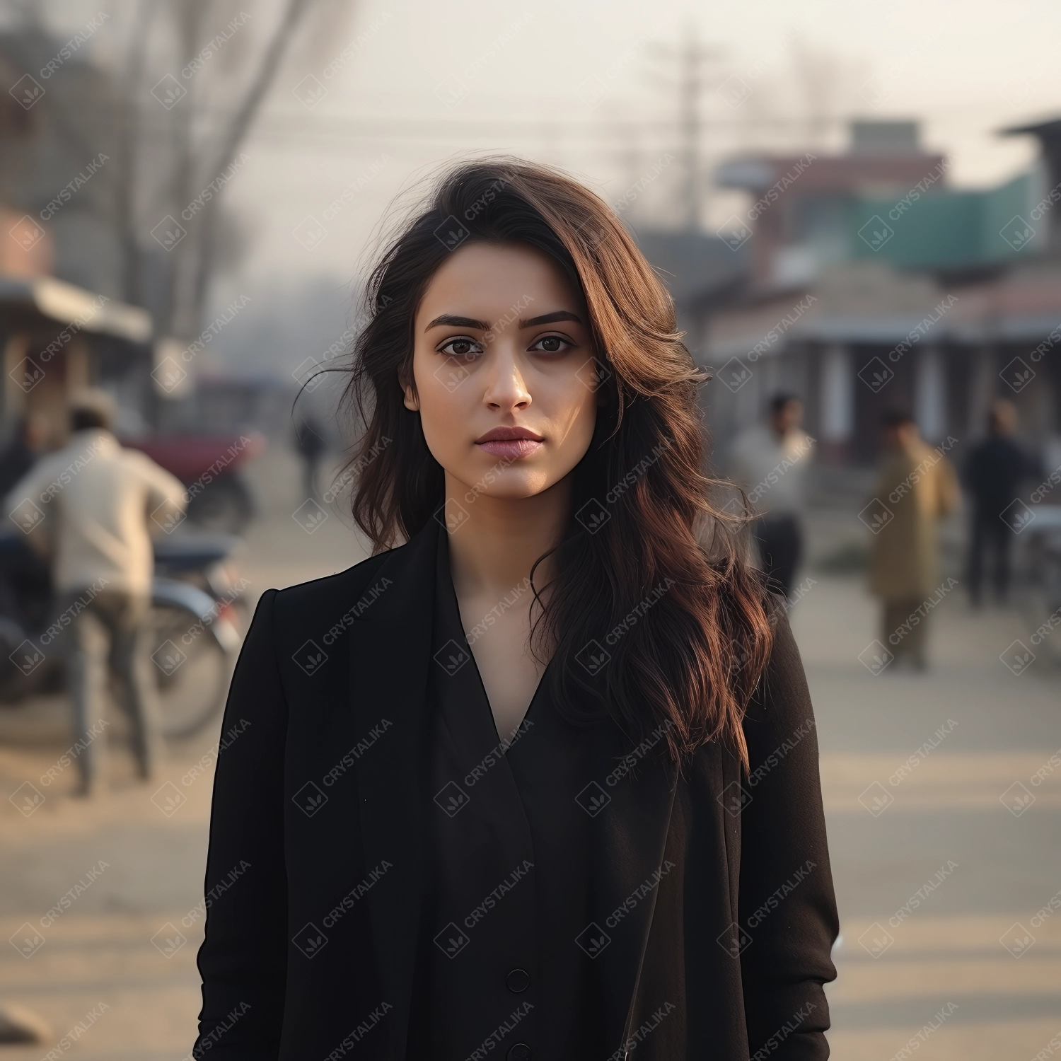 A beautiful Indian lady wearing long black jacket on a black shirt.